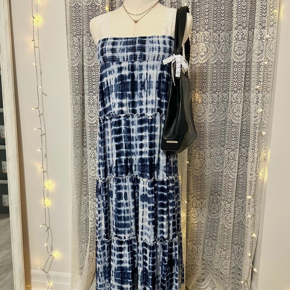 Reitmans Boho Tie Dye Maxi Skirt/Tube Dress Blue & White Tiered Beachy Vacation